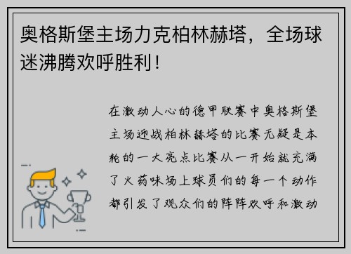 奥格斯堡主场力克柏林赫塔，全场球迷沸腾欢呼胜利！