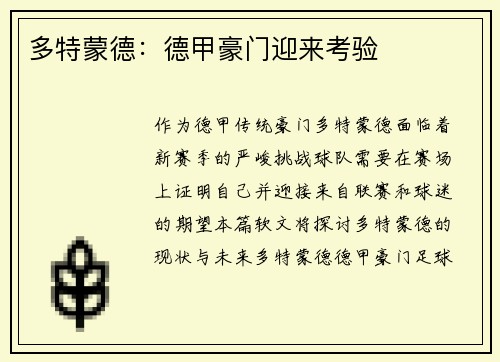 多特蒙德：德甲豪门迎来考验